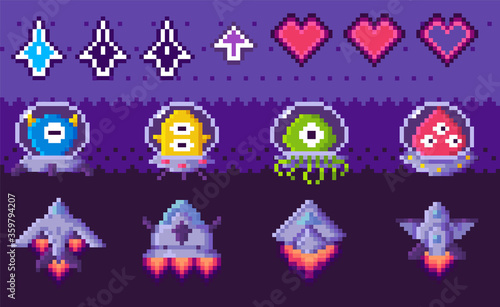Spaceship and ufo, rocket and heart symbols, screen of pixel game with cosmic sign on purple, pixelated video game, choose ship and hero, play vector
