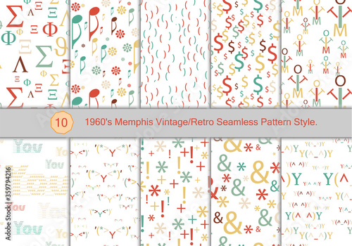 Set of 1960's Memphis Vintage/Retro Seamless Pattern Style. 
The Pattern color was inspired by Men's and Women's clothing from  Memphis 1960's. Colorful Vintage background. 