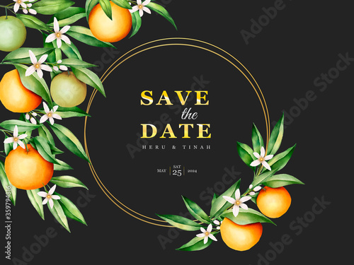 Botanical watercolor orange fruits wedding invitation card template