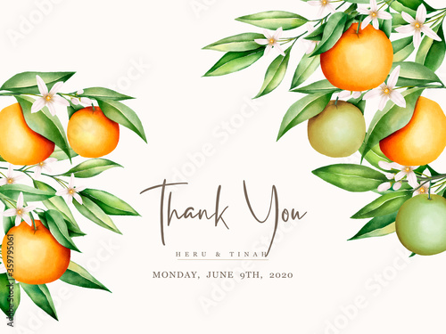 Botanical watercolor orange fruits wedding invitation card template