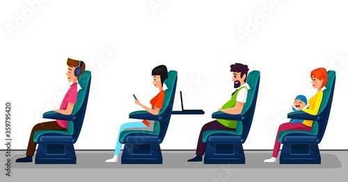 Passengers seating in seats on white background