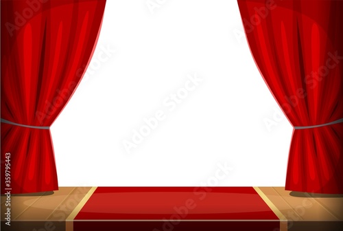 Old-fashioned theatre scene with red curtain, red carpet, wooden floor and white background. Empty performance stage with a spotlight template for an event, performance or show.