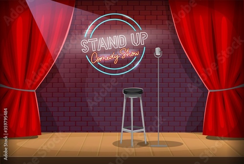 Stand-up empty stage. Scene of a comedy club with microphone, red curtains, chair and stand-up comedy show logo on a red brick wall,