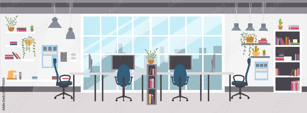 Open-space office or co-working interior design with furniture. Empty shared workplace with desks, chairs, computers and decorations. Vector illustration Open-space office or co-working interior design with furniture. Empty shared workplace with desks, chairs, computers and decorations. Vector illustration