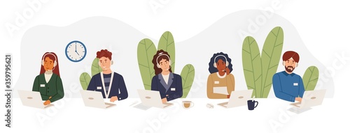 Multicultural tech support employees in call center working on hotline, answering calls wearing hands free headsets. African american girl, indian sikh, guy, woman help customers vector illustration.