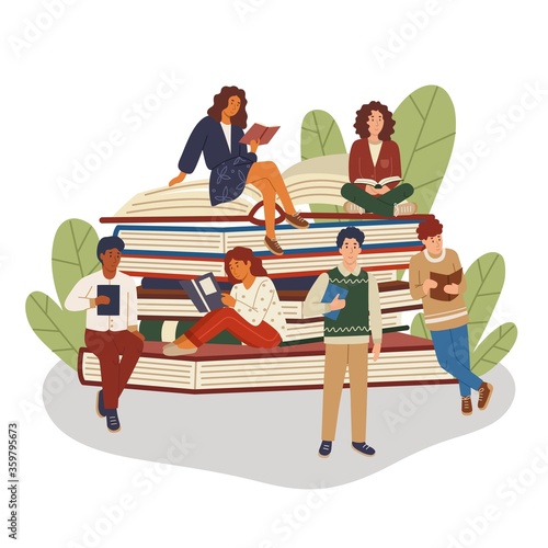 Pile or stack of books with multicultural group of people. Girls and boys book lovers. Students studying. Book festival, club or library poster. Autodidacts and self-education vector illustration.