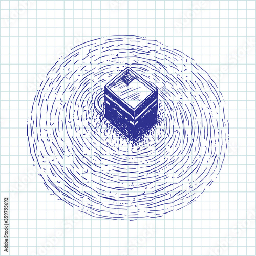 Manual sketch of Kaaba with islam people, muslim & muslimah doing thawaf at Mecca Saudi Arabia at white background
