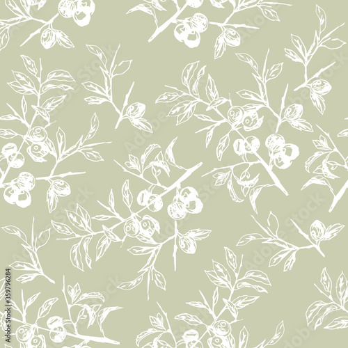 Seamless monochrome floral pattern with silhouetted of blackthorn or olive branches with fruits or berries. Hand drawn sketches.