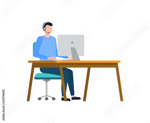Developer with laptop sitting by table vector, man working on computer wearing headphones, support of clients and customers, male at work flat style
