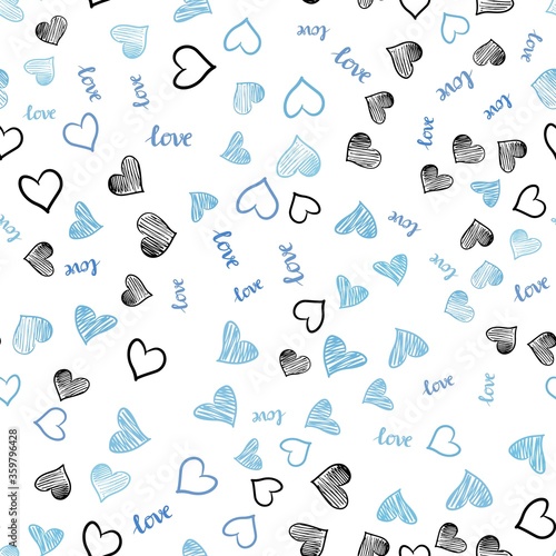 Light BLUE vector seamless texture with words LOVE YOU, hearts. Illustration with words of love, hearts in abstract style. Pattern for design of fabric, wallpapers.