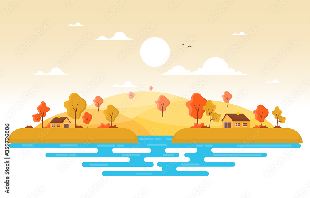 Autumn Fall Season Tree Golden Yellow Hill Panoramic Landscape Autumn Fall Season Tree Golden Yellow Hill Panoramic Landscape