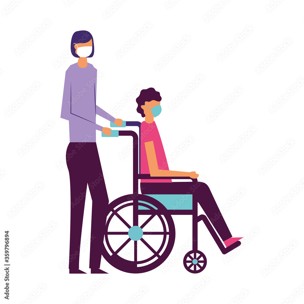 Man and boy on wheelchair with medical mask vector design