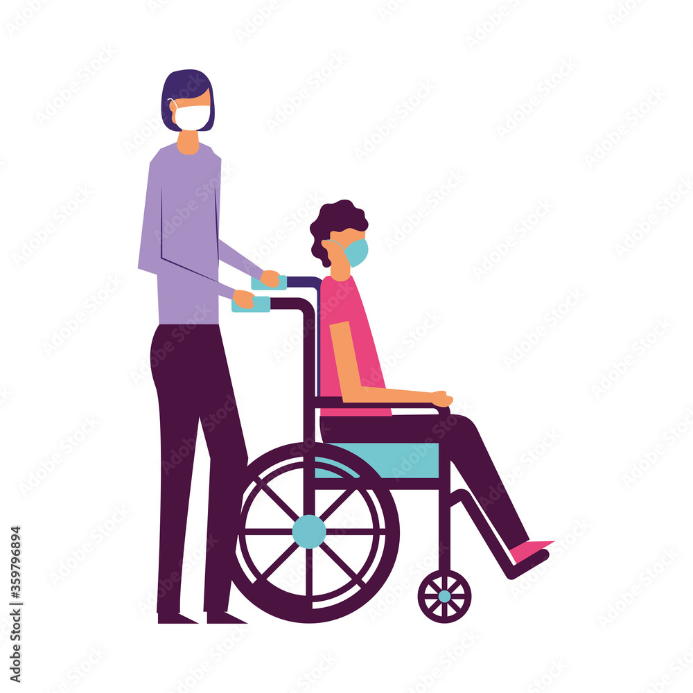 Man and boy on wheelchair with medical mask vector design Man and boy on wheelchair with medical mask vector design