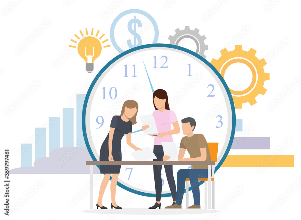 Fototapeta premium Man and woman teamwork cooperation, employees researching in deadline. Colleagues consulting on workplace, professional development, company vector