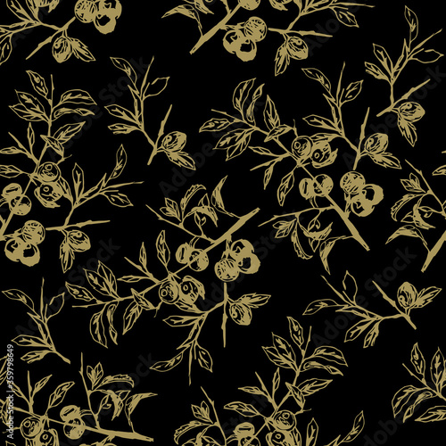 Seamless monochrome floral pattern with silhouetted of blackthorn or olive branches with fruits or berries. Hand drawn sketches.
