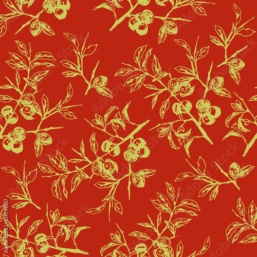 Seamless floral pattern with silhouetted of blackthorn or olive branches with fruits or berries. Hand drawn sketches.