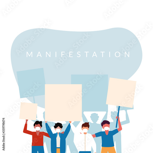 Men with medical masks and banners boards vector design