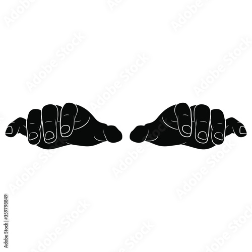 Front view of two human hands in typing gesture. Cartoon style. Black and white silhouette.