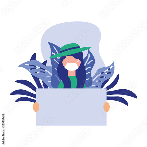 Woman with medical mask and banner board vector design