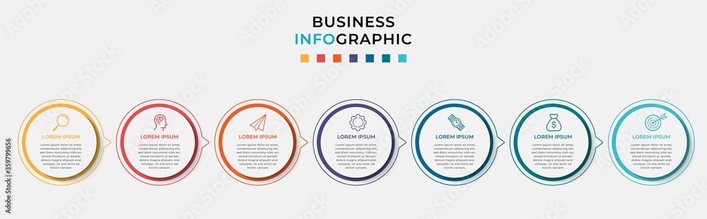 Fototapeta premium Business Infographic design template Vector with icons and 7 seven options or steps. Can be used for process diagram, presentations, workflow layout, banner, flow chart, info graph