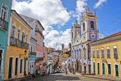 Salvador de Bahia, Pelourinho view with colorful buildings, Brazil, South America photo