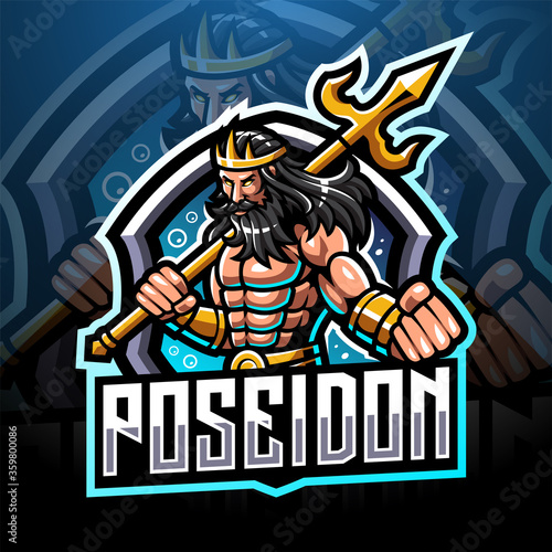 Poseidon esport mascot logo design with trident weapon