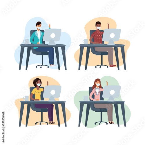 interracial people wearing medical masks and social distancing in workplace