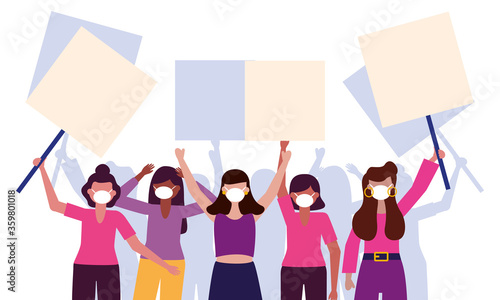 Women with medical masks and banners boards vector design