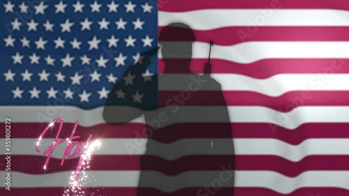 4th Of July Text Animation and Soldier silhouette of the US Military on USA American Flag waving. Veterans Day, Honoring all who served. in 4K 60 Fps. Veteran's Day - Independence Day