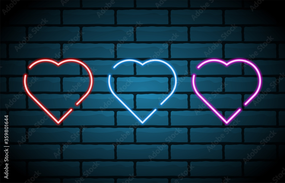 Neon heart on the brick wall, vector Eps 10 illustration.