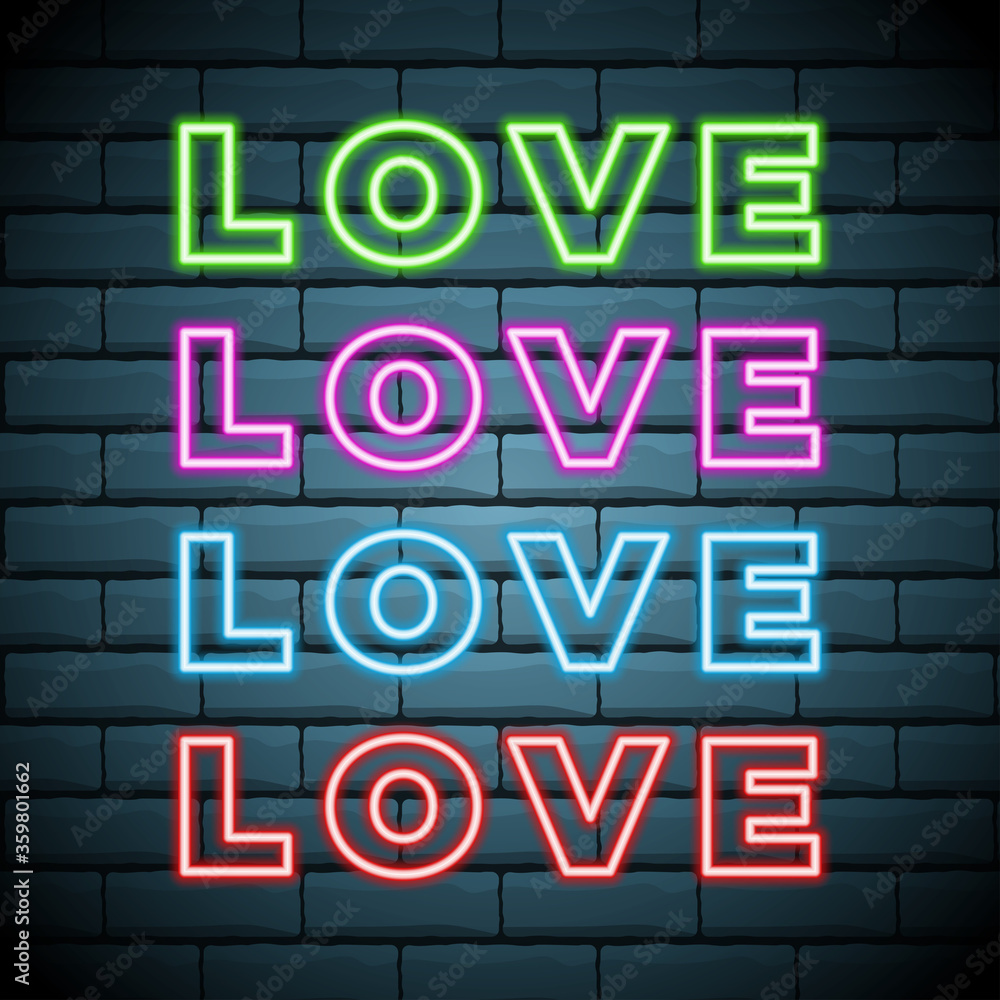 Vector Colours Bright Inscription Love, Neon Sign. Isolated Design Element for Valentine's Day. Retro Sign Board.