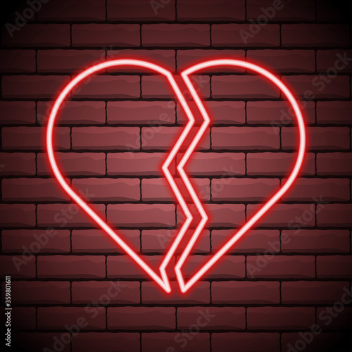 Broken heart neon light icon. Heartbreak glowing sign. Beak up. Vector isolated illustration