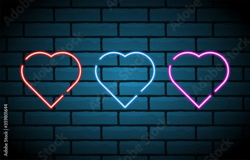 Neon heart on the brick wall, vector Eps 10 illustration.