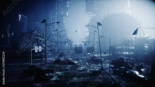 Apocalypse city in fog. Aerial View of the destroyed city. Apocalypse concept. Super realistic 4k animation.