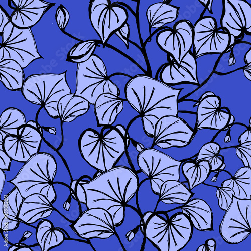 pattern of broadleaf branches on a blue background