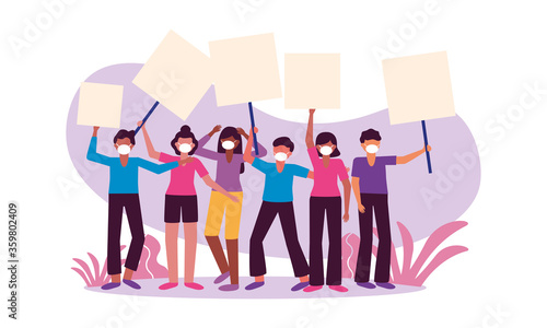 People with medical masks and banners boards vector design