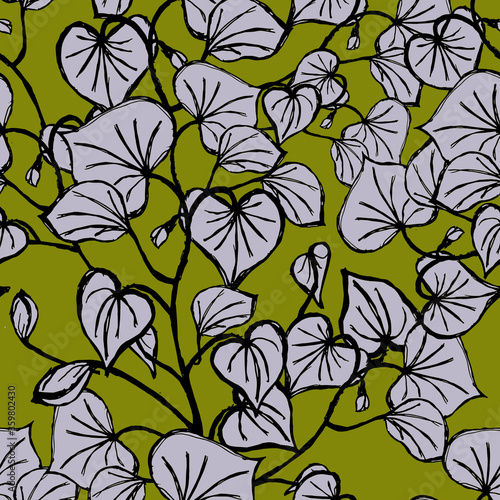 Fototapeta Naklejka Na Ścianę i Meble -  pattern of floral ornament mustard color background and light leaves