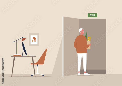 Young male character fired from the office, economic crisis caused by Covid-19 pandemic, unemployment, exit sign