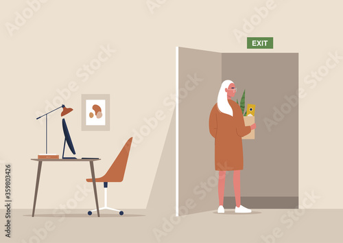 Young female character fired from the office, economic crisis caused by Covid-19 pandemic, unemployment, exit sign, sexism at work
