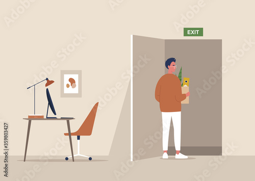 Young male character fired from the office, economic crisis caused by Covid-19 pandemic, unemployment, exit sign
