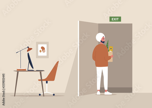 Young indian male character fired from the office, economic crisis caused by Covid-19 pandemic, unemployment, exit sign