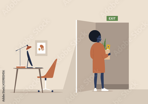 Young black female character quitting the job, racism at work, economic crisis caused by Covid-19 pandemic, unemployment, exit sign