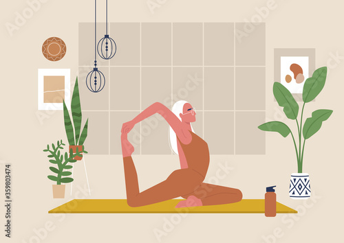 Young female character doing stretching exercises, mindfulness and meditation,  yoga studio