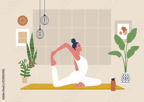 Young female character doing stretching exercises, mindfulness and meditation,  yoga studio