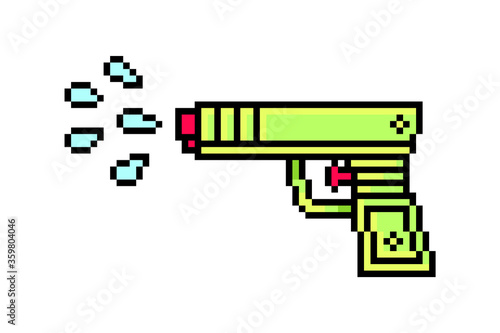 Acid green transparent plastic water gun shooting water, pixel art icon isolated on white background. Kid toy symbol. Summer outdoor activity. 8 bit vintage retro slot machine/video game graphics.