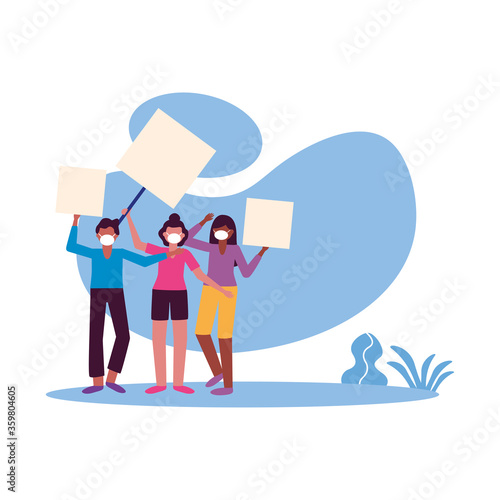 People with medical masks and banners boards vector design
