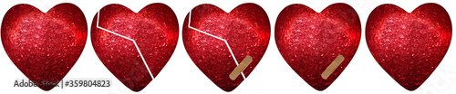 Fényképezés Glittery red heart with a crack but on the mend on a white background
