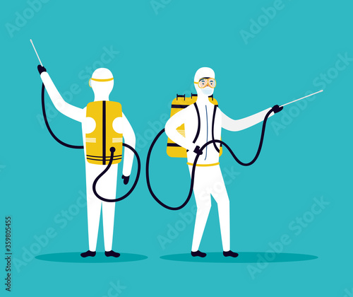 biosafety workers with sprayers disinfect