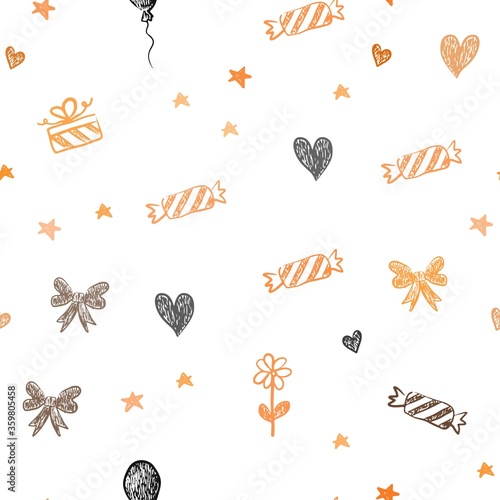 Dark Orange vector seamless backdrop in holiday style. Shining illustration with aheart, baloon, candy, gift, star, ribbon. Template for new year postcards. photo