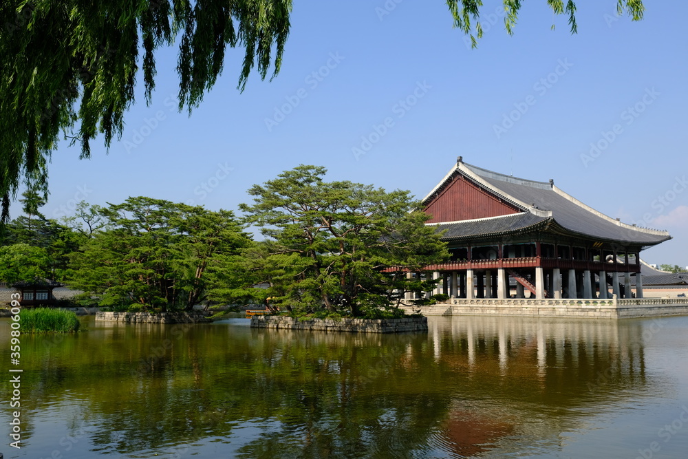 Seoul South Korea - Gyeongbokgung Palace Pond and Gyeonghoeru Pavilion